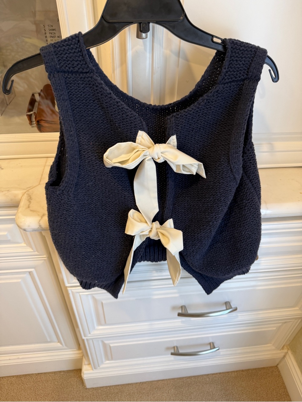Commense Navy Knit Sleeveless Vest with Ivory Bow Backs
